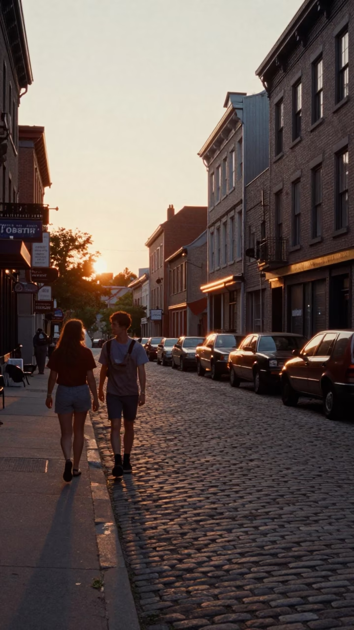 Golden Hour Street Scene in Montreal Quebec Canada with Vintage 1970s Aesthetic in in Montreal, Quebec, Canada