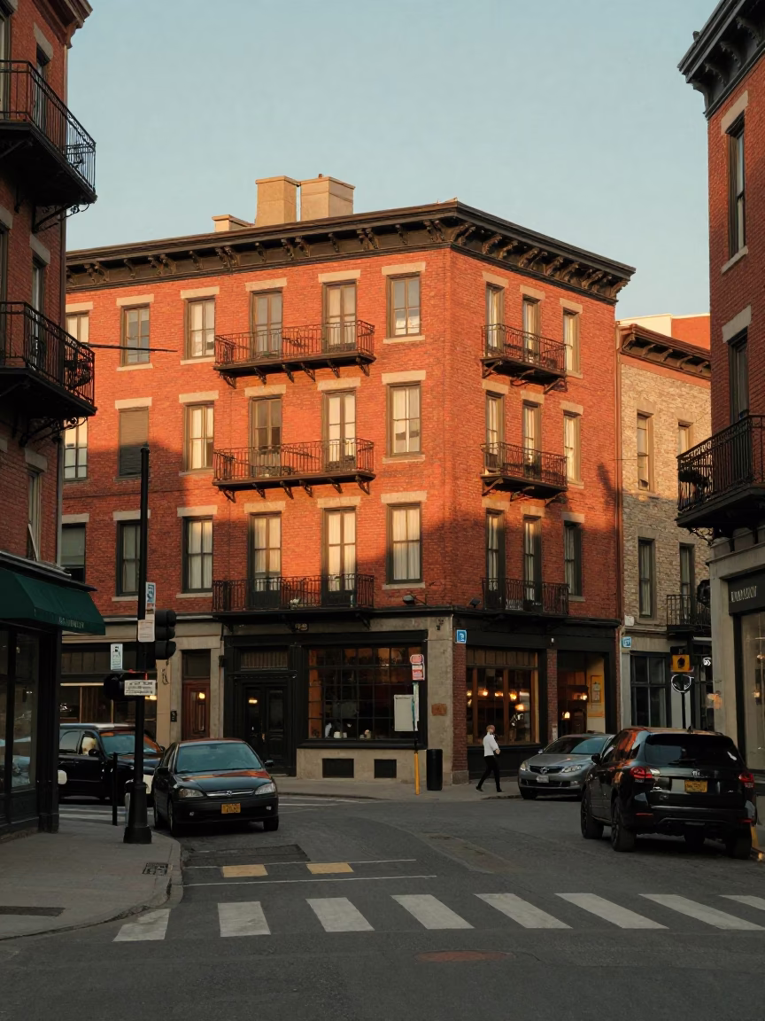 Golden Hour Street Scene in Montreal Quebec Canada with Vintage 1980s Atmosphere in in Montreal, Quebec, Canada