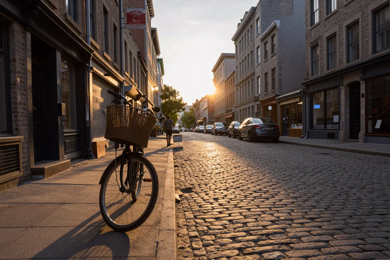 Golden Hour Street Scene in Montreal Quebec with Bicycle Basket and Wicker Shadow in in Montreal, Quebec, Canada