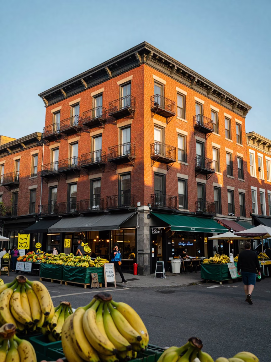 Golden Hour Street Scene in Montreal Quebec with Colorful Market Bananas and Local Life in in Montreal, Quebec, Canada