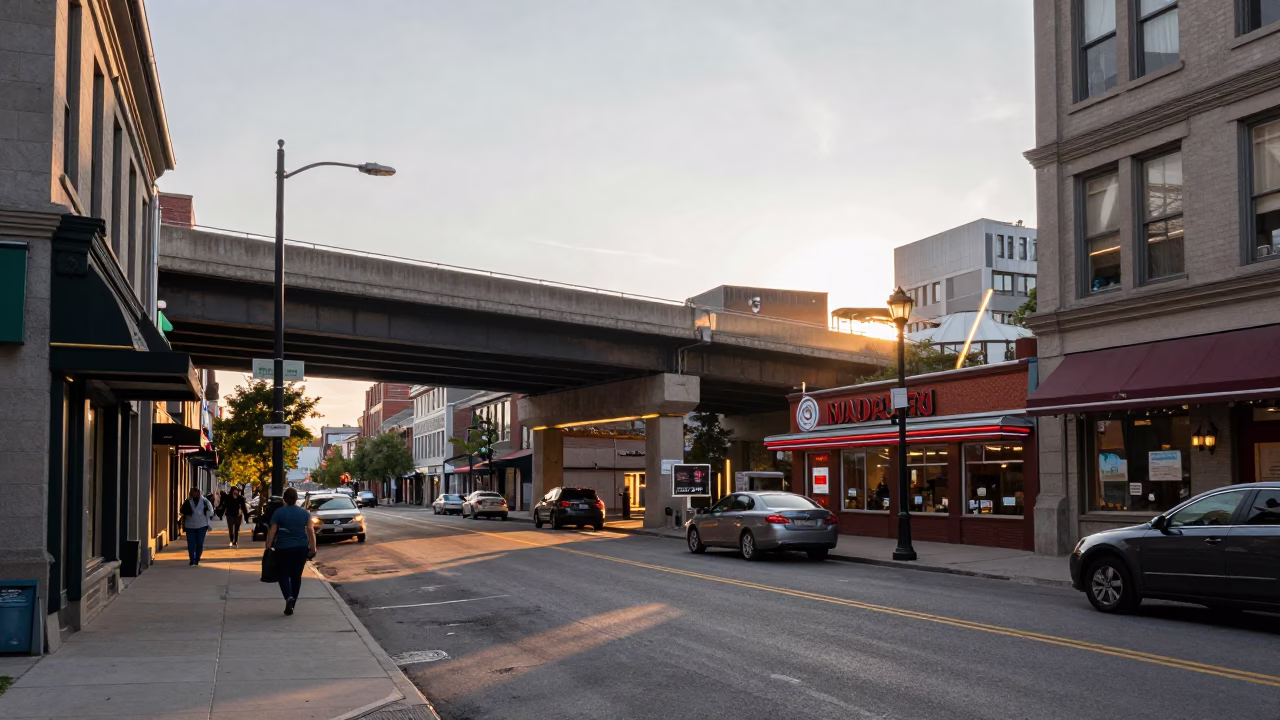 Golden Hour Street Scene in Montreal Quebec with Overpass and Local Diners in in Montreal, Quebec, Canada