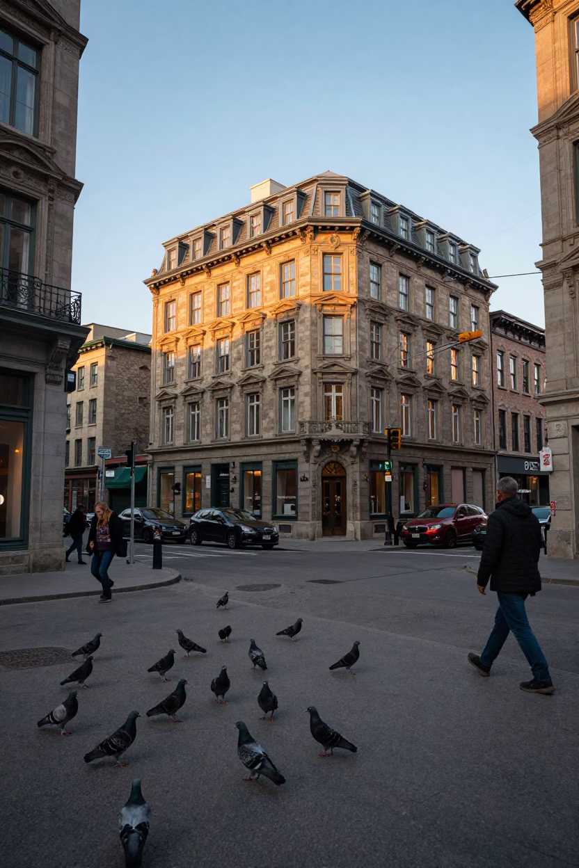 Golden Hour Street Scene in Montreal Quebec with Pigeons and Vintage Architecture in in Montreal, Quebec, Canada
