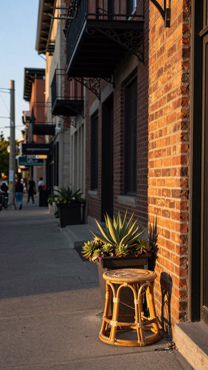 Golden Hour Street Scene in Montreal Quebec with Rattan Stool and Succulents in in Montreal, Quebec, Canada