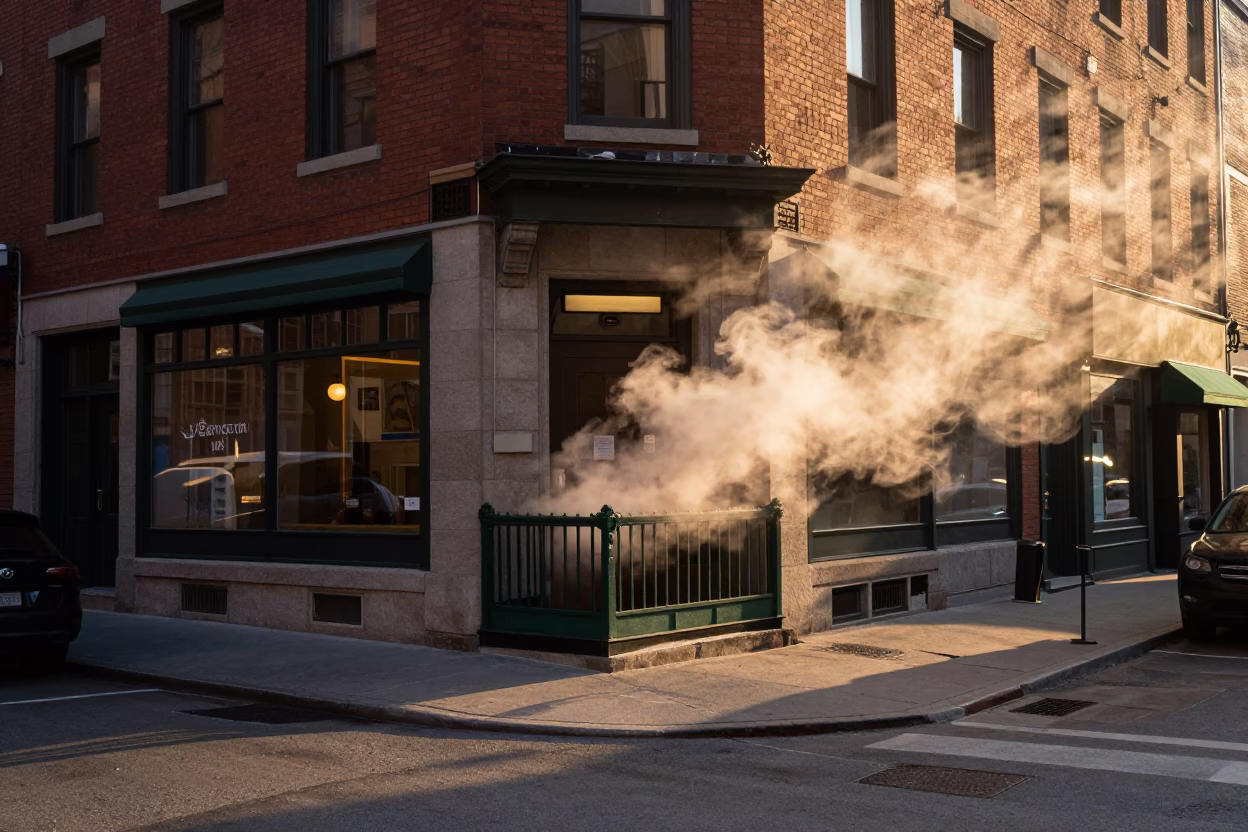 Golden Hour Street Scene in Montreal Quebec with Steam and Urban Details in in Montreal, Quebec, Canada