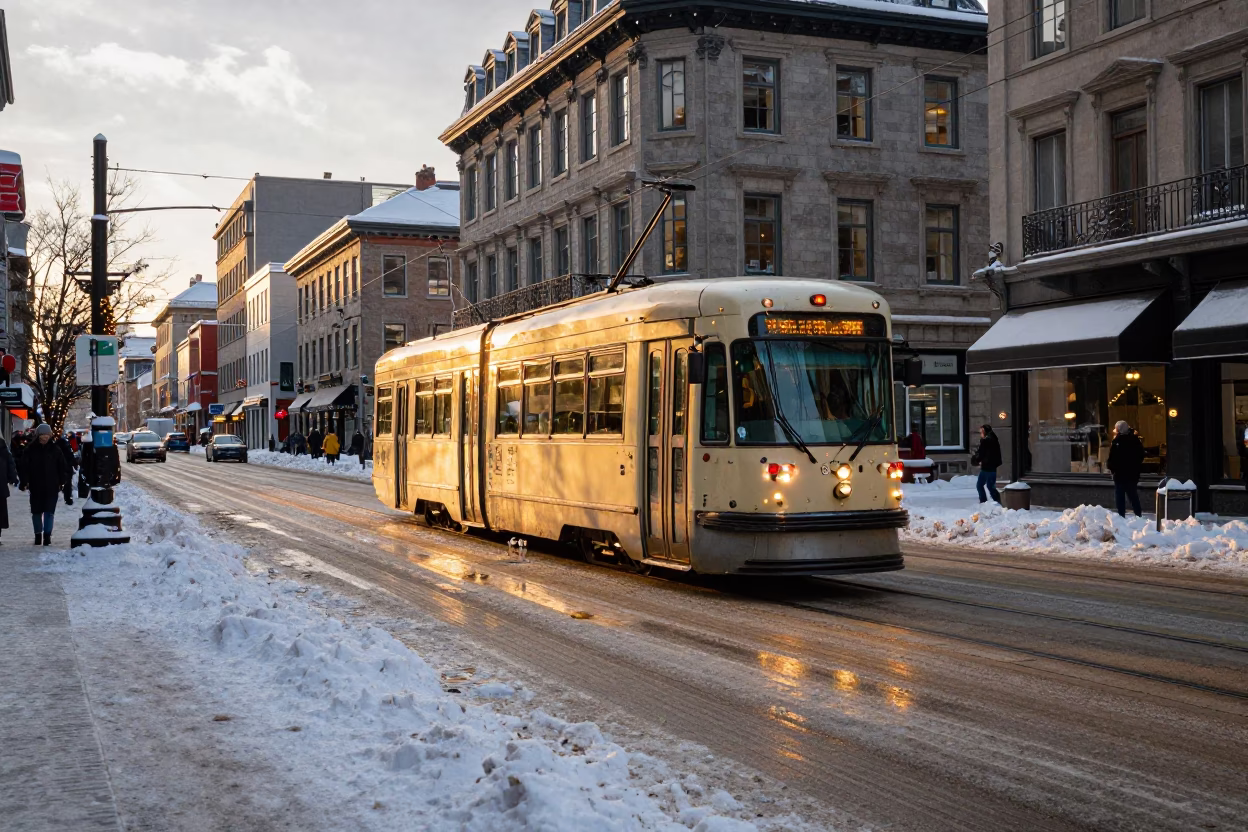 Golden Hour Street Scene in Montreal Quebec with Tramcar and Snowy Avenue in in Montreal, Quebec, Canada