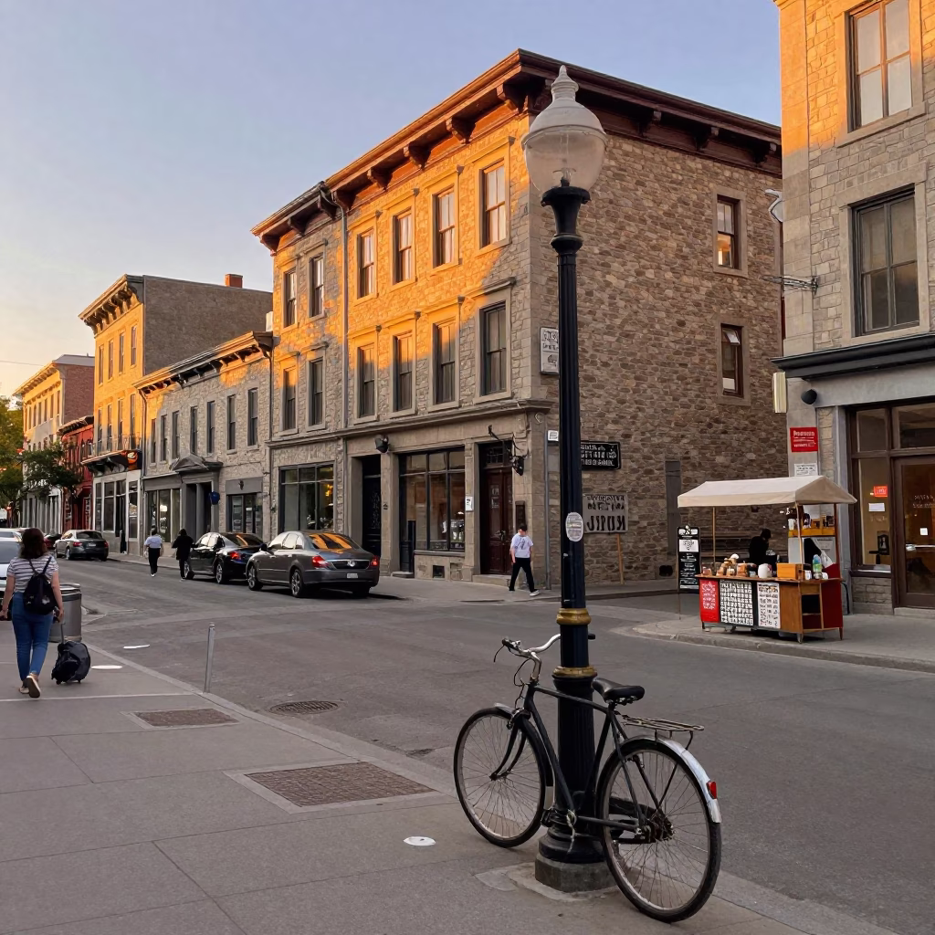 Golden Hour Street Scene in Montreal Quebec with Vintage 1960s Atmosphere in in Montreal, Quebec, Canada