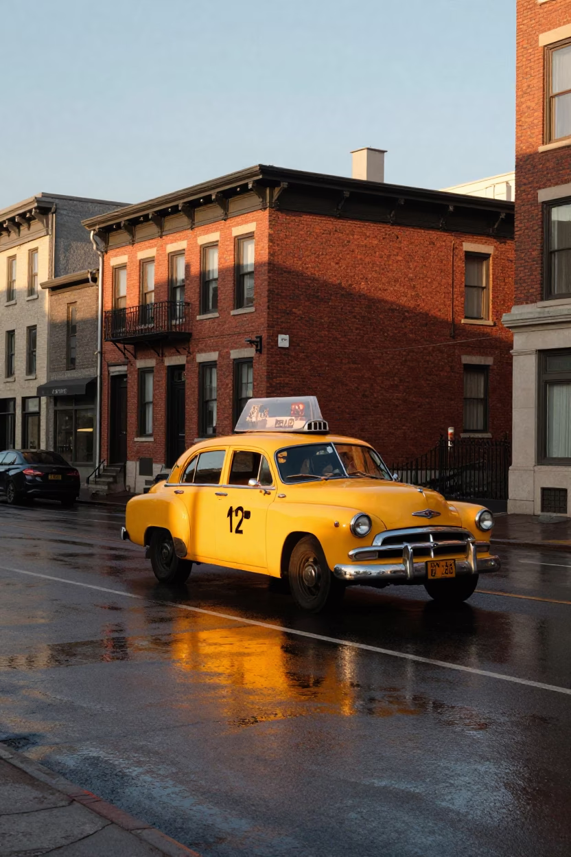 Golden Hour Street Scene in Montreal Quebec with Vintage Yellow Taxi and Folding Chair in in Montreal, Quebec, Canada