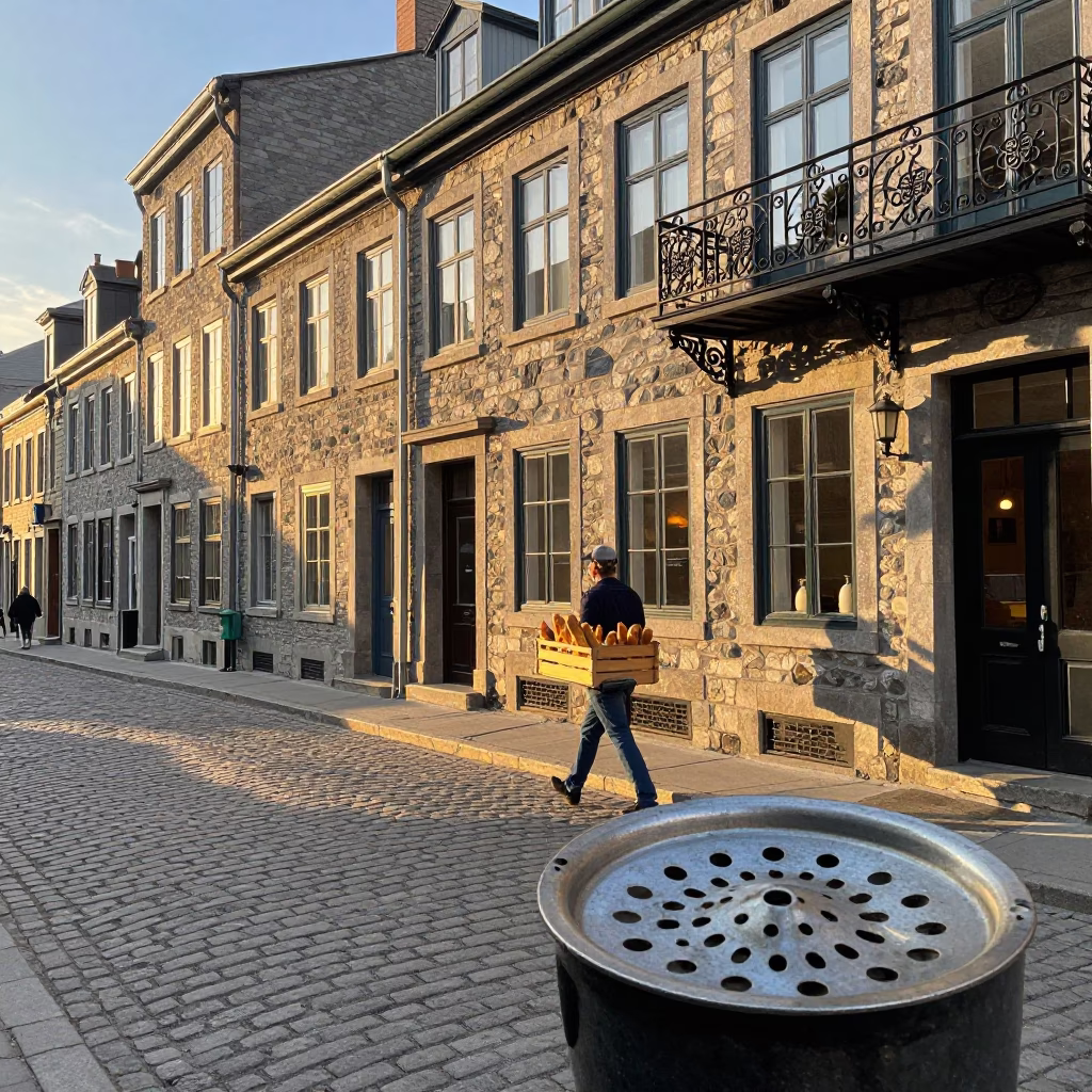 Golden Hour Street Scene in Montreal with Vintage Sink Strainer Detail in in Montreal, Quebec, Canada