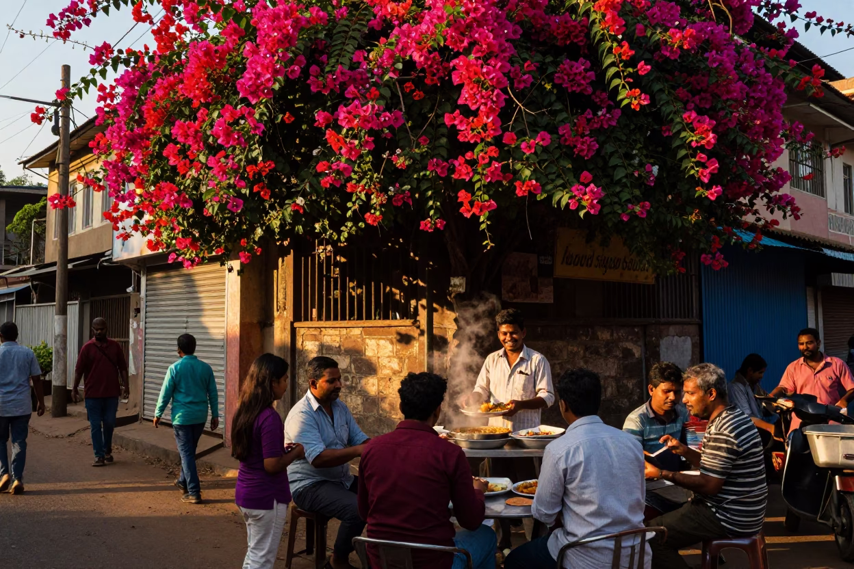 Golden Hour Street Scene in Mumbai India with Bougainvillea and Local Life in in Mumbai, India