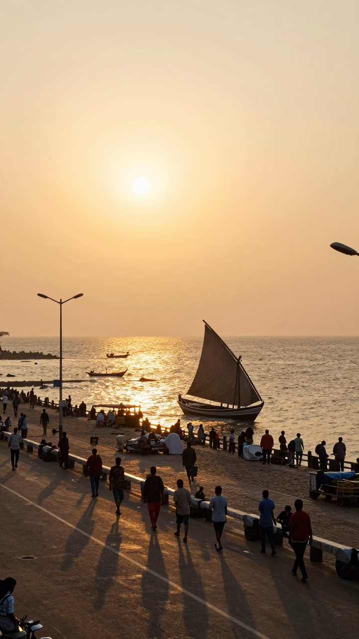 Golden Hour Street Scene in Mumbai India with Dhow Sailing and Local Life in in Mumbai, India