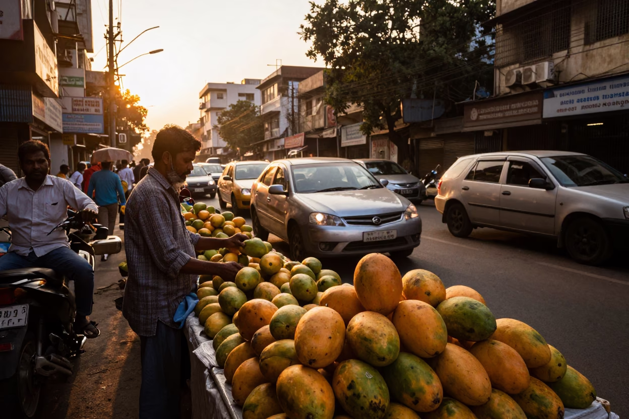 Golden Hour Street Scene in Mumbai India with Fruit Vendor and Bustling Traffic in in Mumbai, India