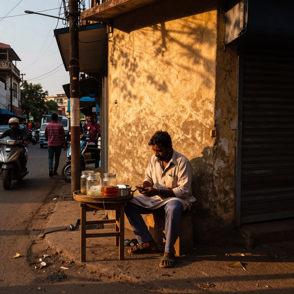 Golden Hour Street Scene in Mumbai India with Glass Jar and Motorcycle in in Mumbai, India