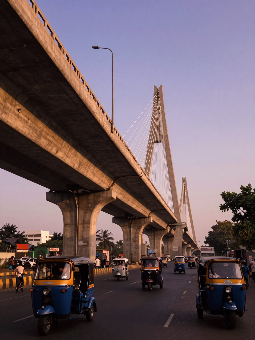 Golden Hour Street Scene in Mumbai India with Overpass and Thermos in in Mumbai, India