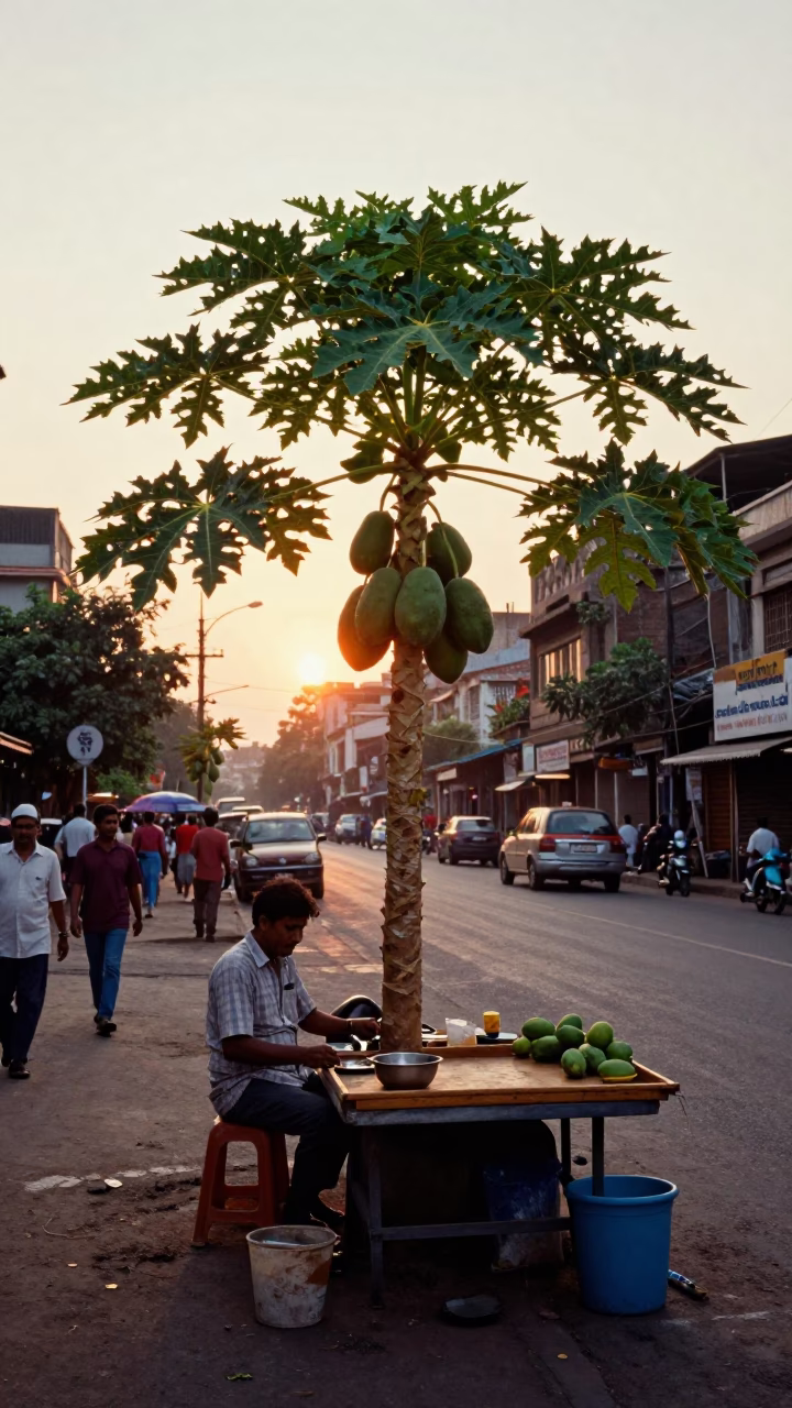 Golden Hour Street Scene in Mumbai India with Papaya Tree and Wooden Tray in in Mumbai, India