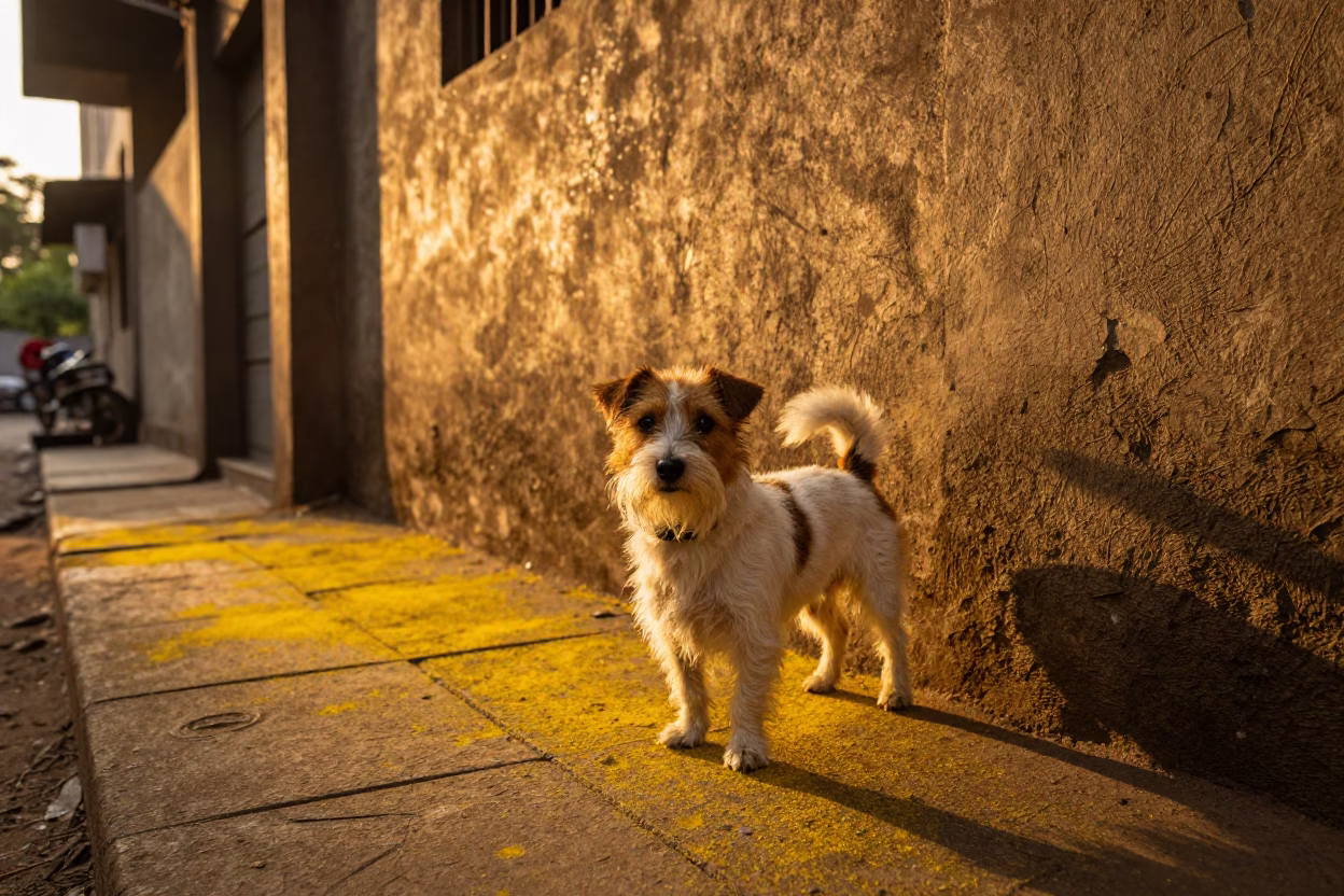 Golden Hour Street Scene in Mumbai India with Russell Terrier and Pollen Dust in in Mumbai, India