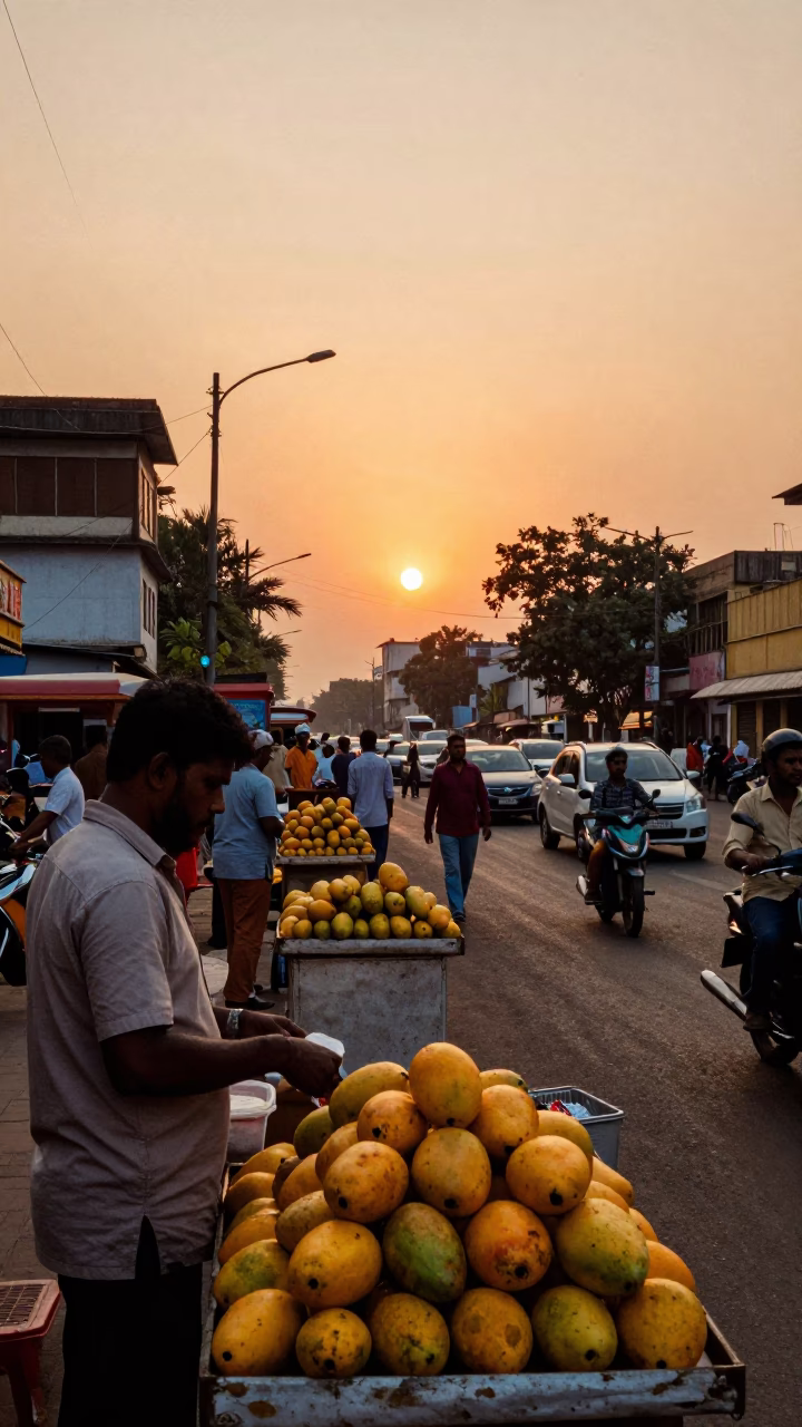 Golden Hour Street Scene in Mumbai India with Vendors and Commuters in in Mumbai, India
