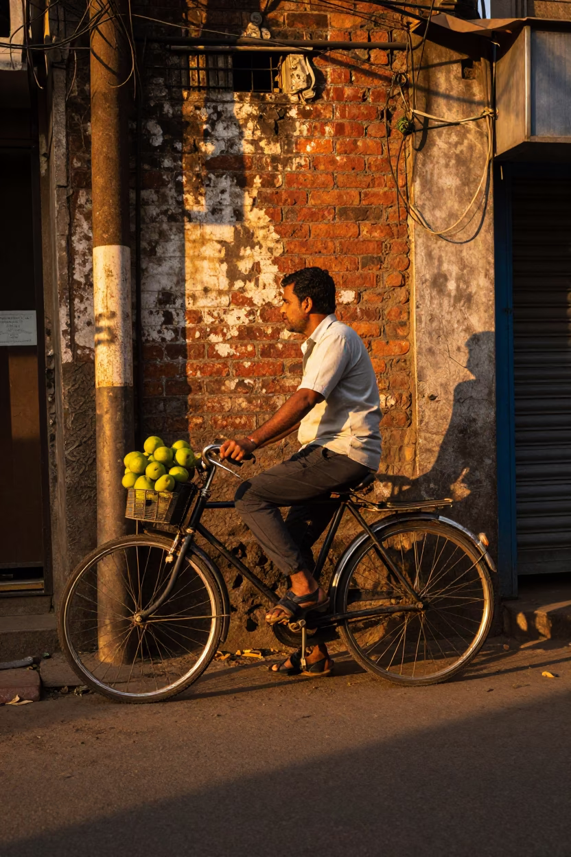 Golden Hour Street Scene in Mumbai India with Vintage Bicycle and Nectarines in in Mumbai, India