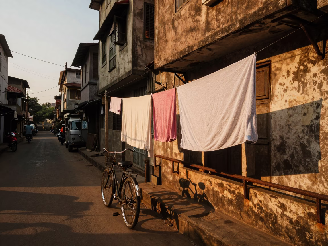 Golden Hour Street Scene in Mumbai With Bicycle And Clothesline in in Mumbai, India
