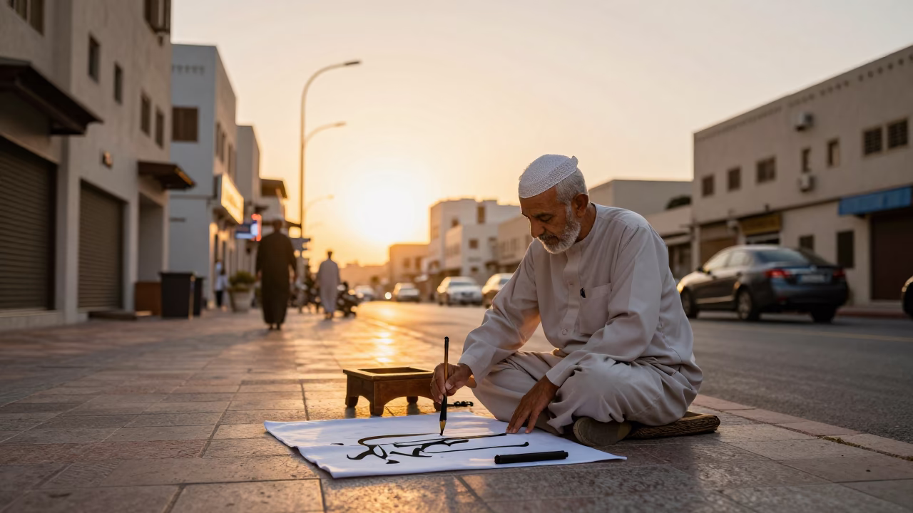 Golden Hour Street Scene in Muscat Oman Traditional Calligraphy Demonstration in in Muscat, Oman