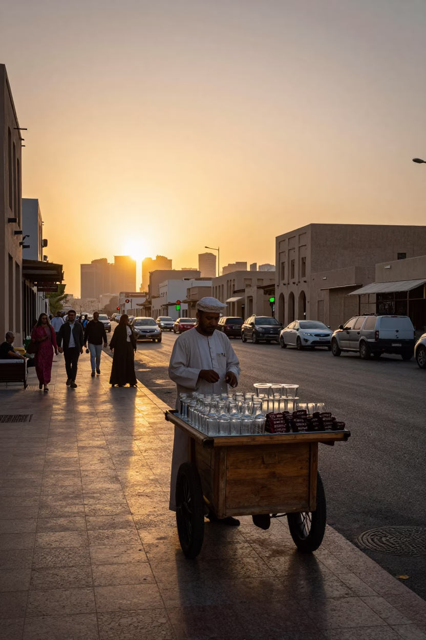 Golden Hour Street Scene in Muscat Oman with Dates and Glassware in in Muscat, Oman