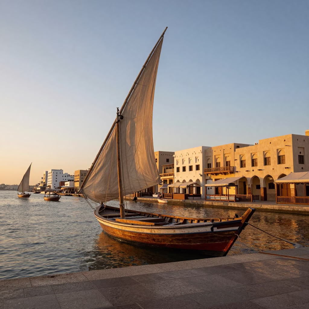 Golden Hour Street Scene in Muscat Oman with Dhow Boats and Traditional Architecture in in Muscat, Oman