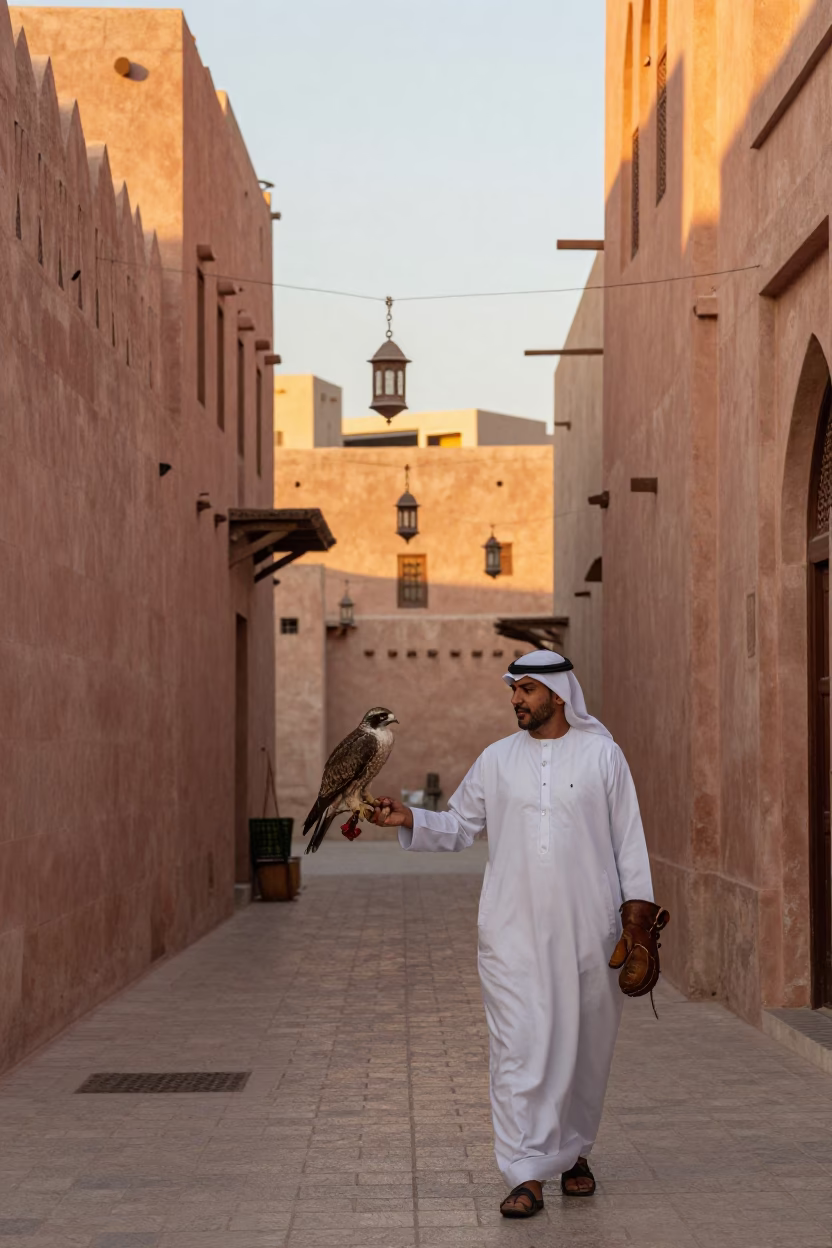 Golden Hour Street Scene in Muscat Oman with Falconry and Traditional Lanterns in in Muscat, Oman