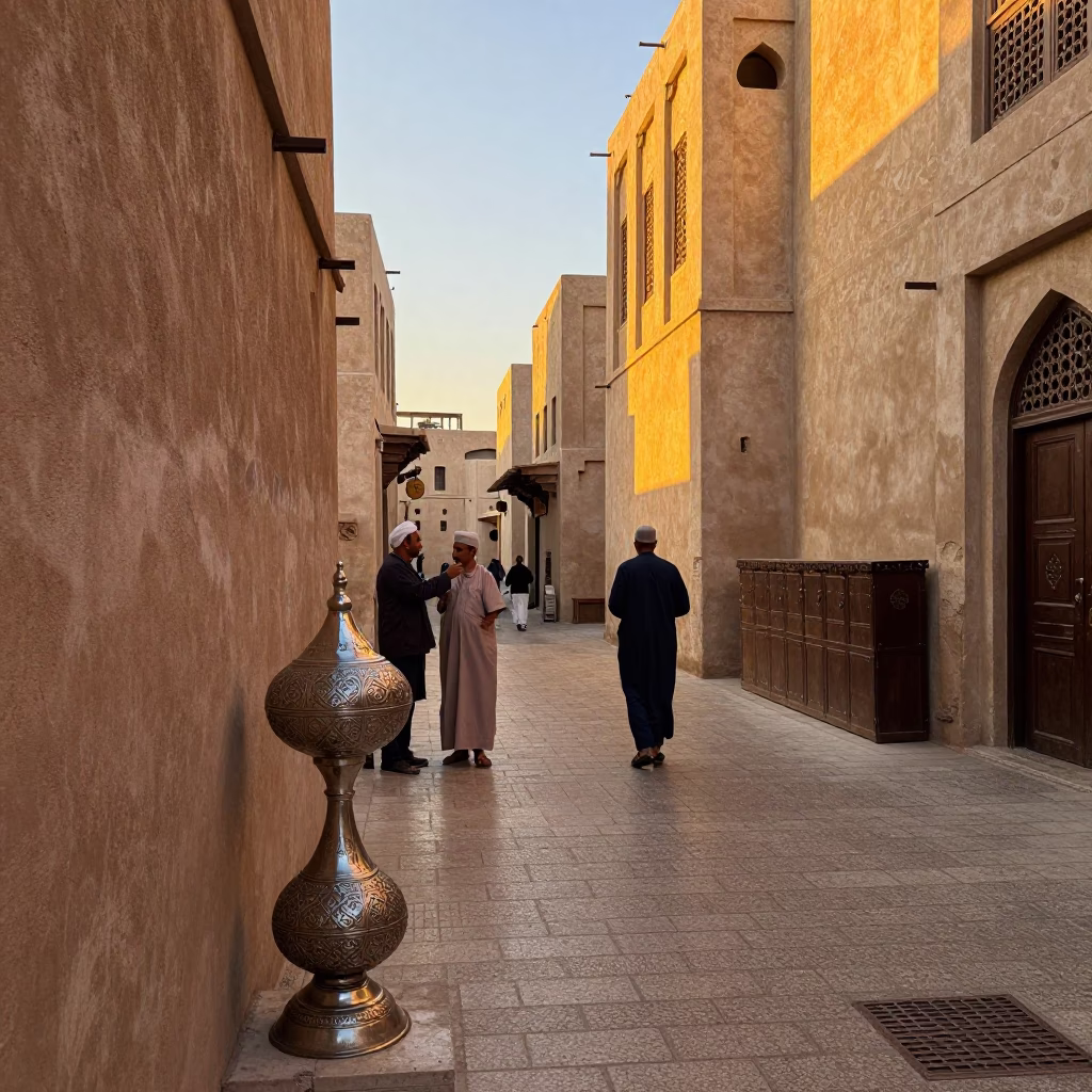 Golden Hour Street Scene in Muscat Oman with Incense Holder and Local Interaction in in Muscat, Oman