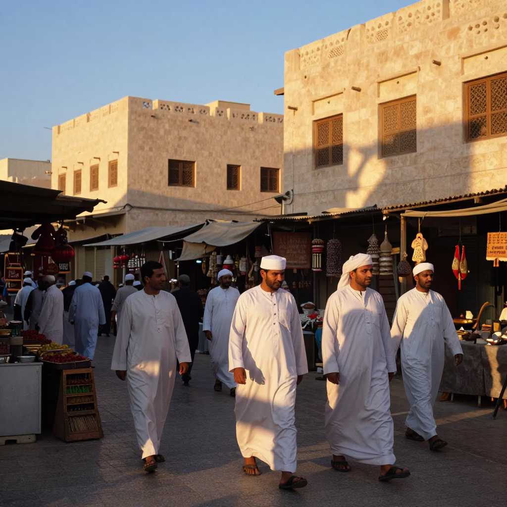 Golden Hour Street Scene in Muscat Oman with Local Market Activity and Traditional Architecture in in Muscat, Oman
