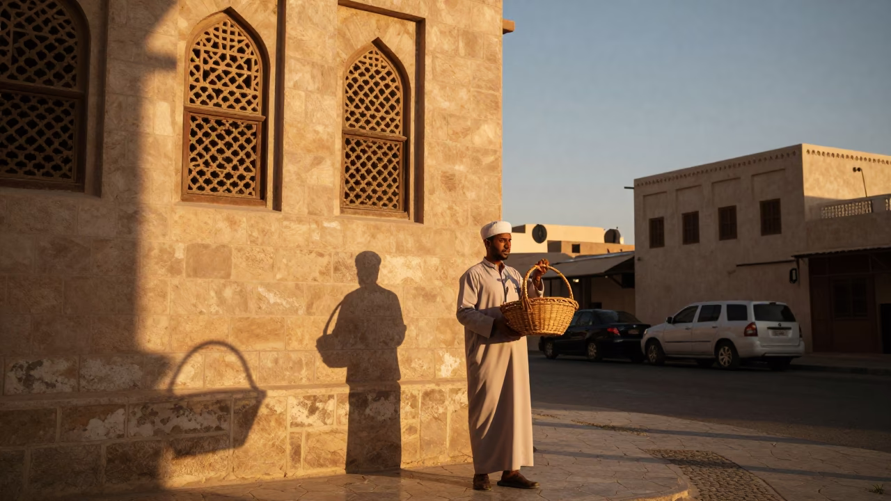 Golden Hour Street Scene in Muscat Oman with Local Vendor and Traditional Elements in in Muscat, Oman