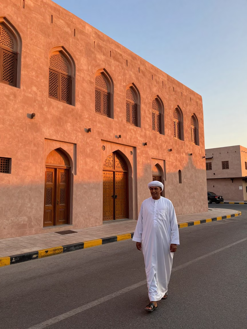 Golden Hour Street Scene in Muscat Oman with Traditional Architecture and Local Life in in Muscat, Oman