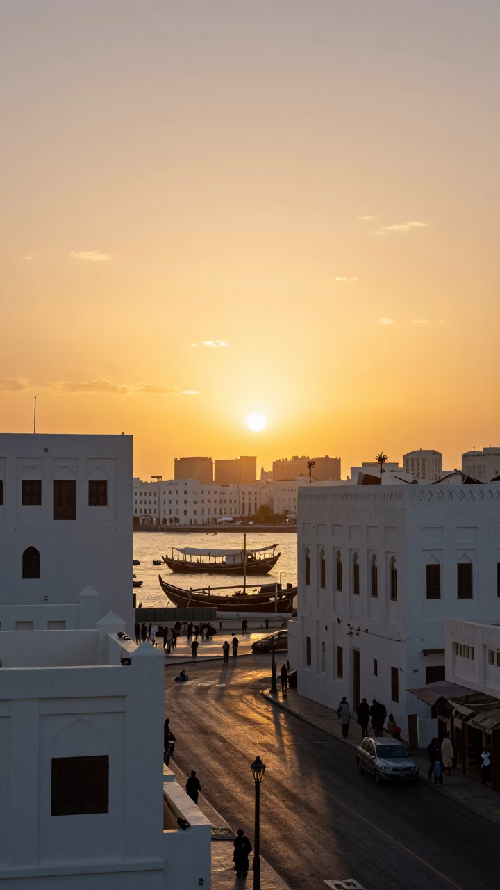Golden Hour Street Scene in Muscat Oman with Traditional Dhow and Coastal Architecture in in Muscat, Oman