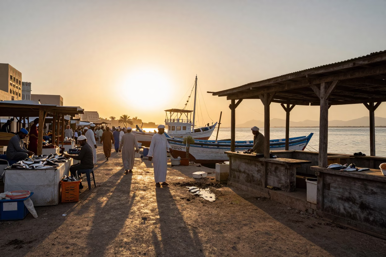 Golden Hour Street Scene in Muscat Oman with Traditional Dhow and Fish Market Activity in in Muscat, Oman