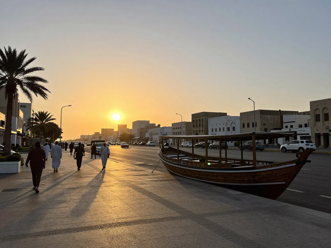 Golden Hour Street Scene in Muscat Oman with Traditional Dhow and Modern Infrastructure in in Muscat, Oman