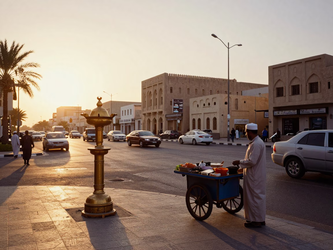 Golden Hour Street Scene in Muscat Oman with Traditional Incense Holder and Modern Life in in Muscat, Oman