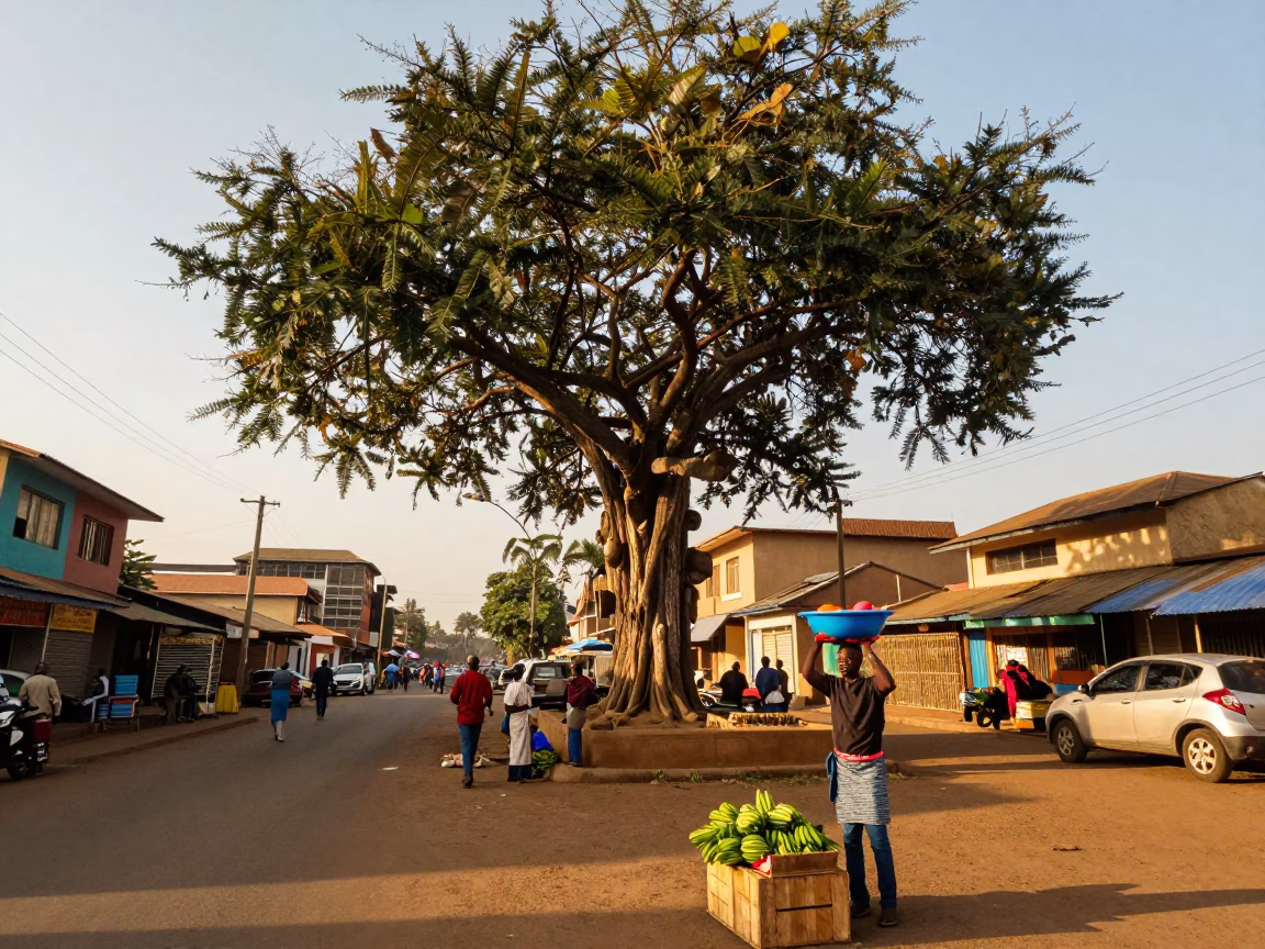 Golden Hour Street Scene in Nairobi Kenya with Banyan Tree and Local Commerce in in Nairobi, Kenya