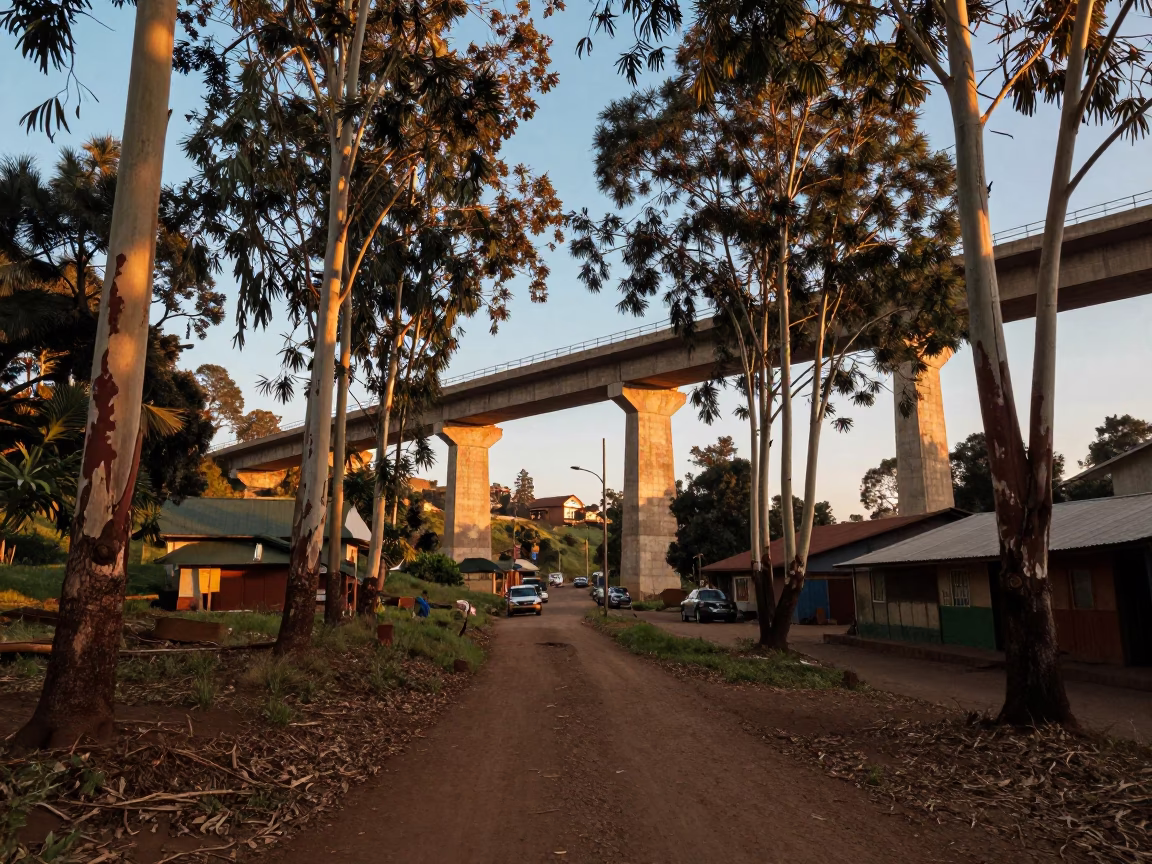 Golden Hour Street Scene in Nairobi Kenya with Concrete Viaduct and Local Life in in Nairobi, Kenya