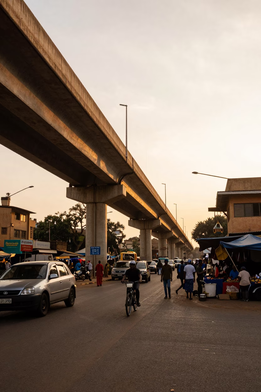 Golden Hour Street Scene in Nairobi Kenya with Highway Flyover and Local Market Activity in in Nairobi, Kenya