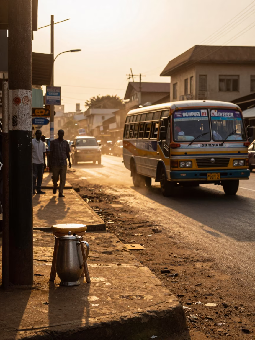 Golden Hour Street Scene in Nairobi Kenya with Kitchen Stool and Mixing Jug in in Nairobi, Kenya
