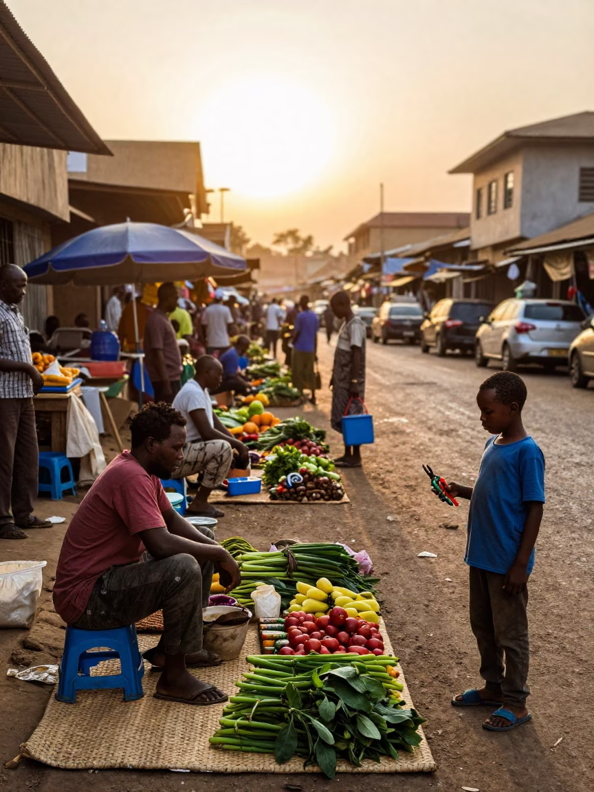Golden Hour Street Scene in Nairobi Kenya with Local Market Activity in in Nairobi, Kenya