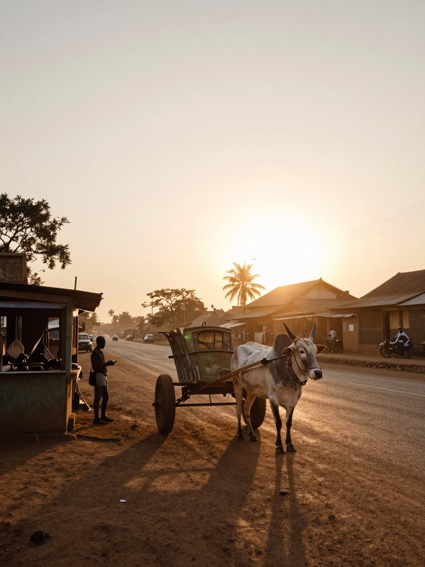 Golden Hour Street Scene in Nairobi Kenya with Ox Cart and Terracotta Pot in in Nairobi, Kenya