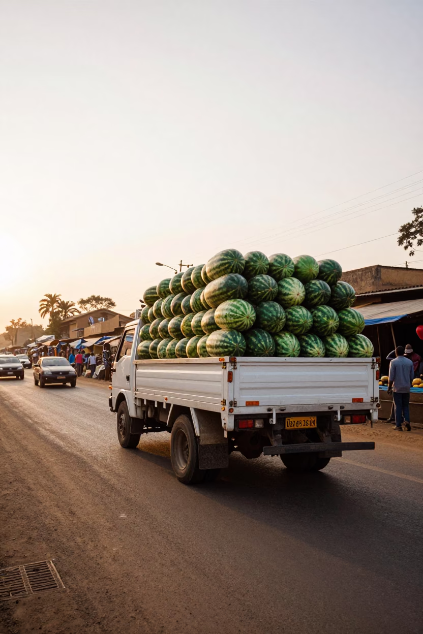 Golden Hour Street Scene in Nairobi Kenya with Truck and Market Activity in in Nairobi, Kenya