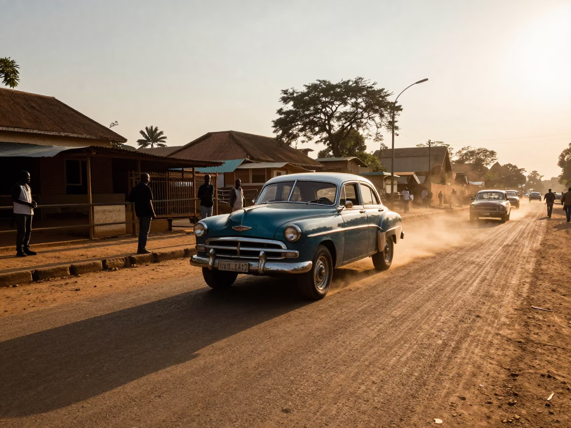 Golden Hour Street Scene in Nairobi Kenya with Vintage Car and Local Life in in Nairobi, Kenya