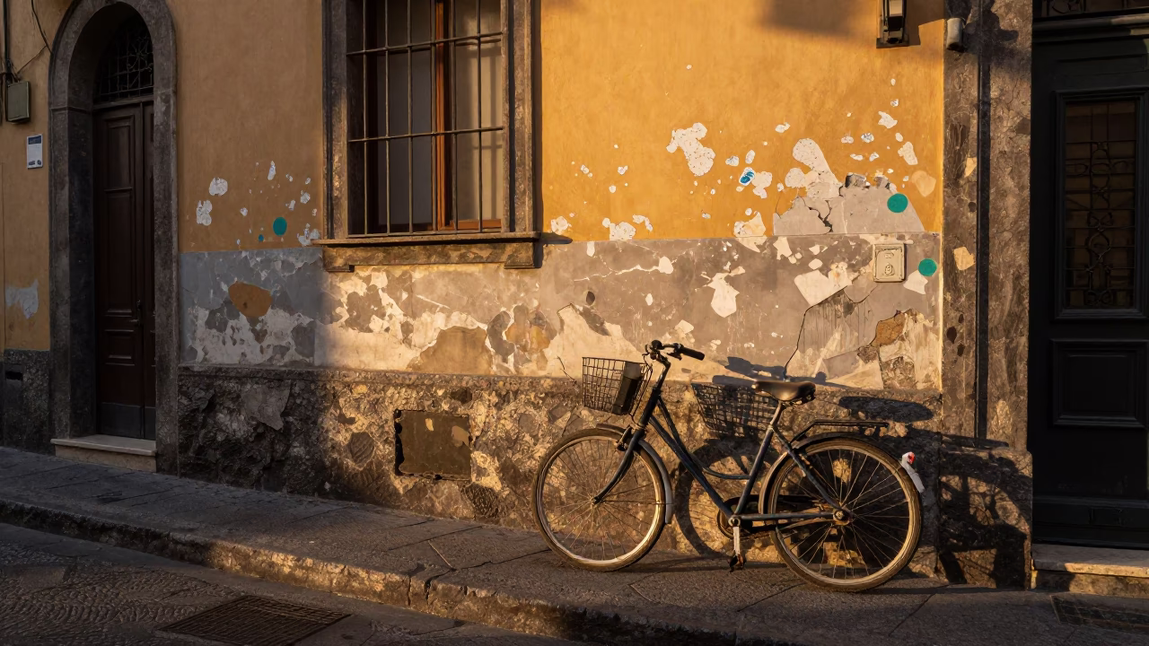 Golden Hour Street Scene in Naples Italy with Bicycle and Colorful Wall Details in in Naples, Italy