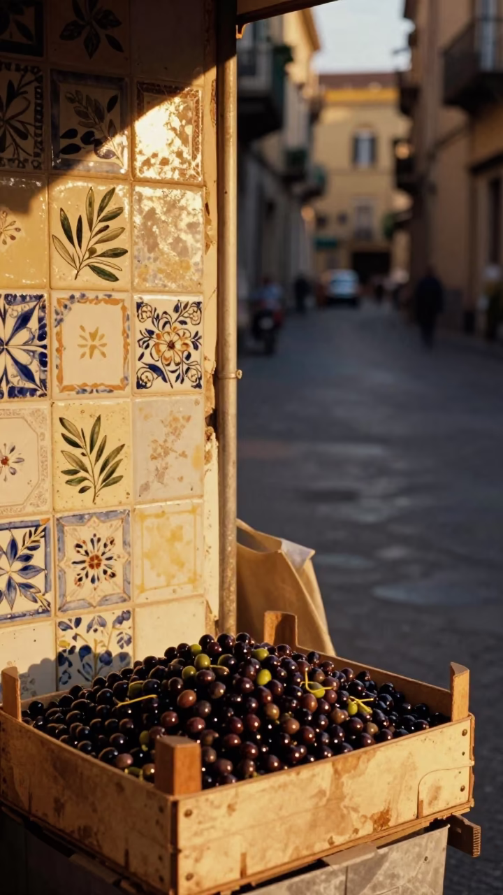 Golden Hour Street Scene in Naples Italy with Ceramic Tiles and Olives in in Naples, Italy
