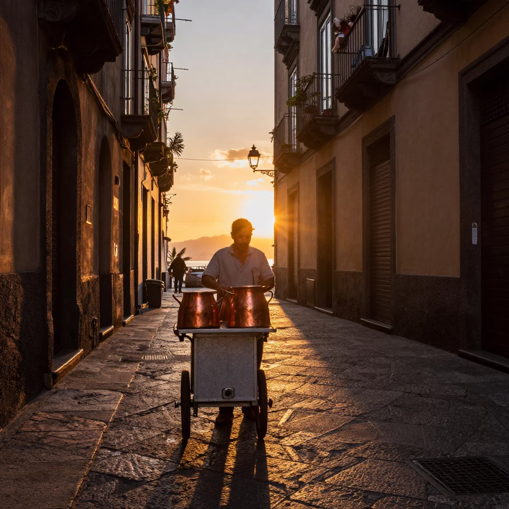 Golden Hour Street Scene in Naples Italy with Copper Pots and Linen Napkin in in Naples, Italy