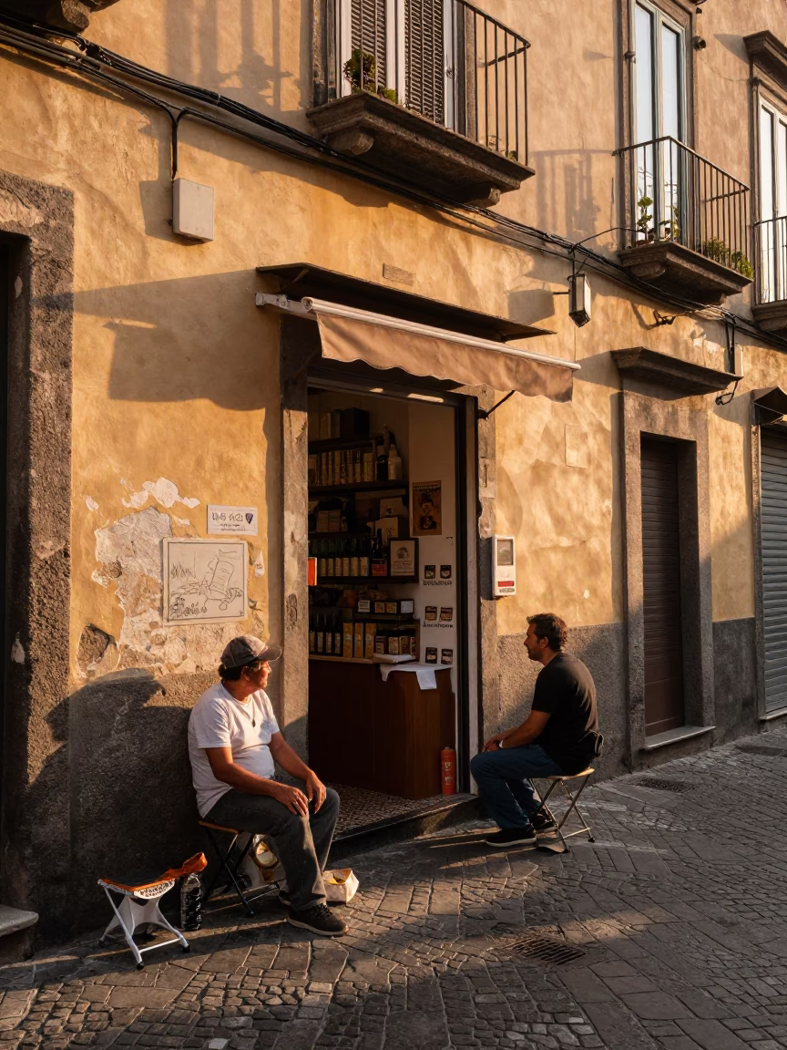 Golden Hour Street Scene in Naples Italy with Folding Stools and Local Interaction in in Naples, Italy