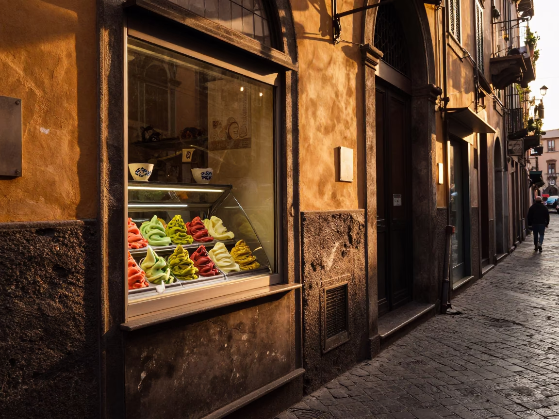 Golden Hour Street Scene in Naples Italy with Gelato Display and Ceramic Cup in in Naples, Italy