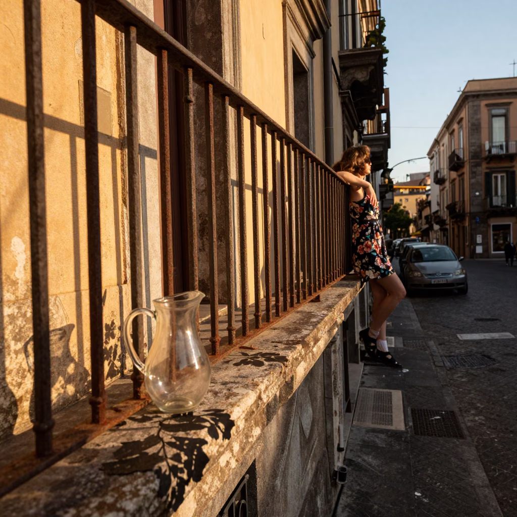 Golden Hour Street Scene in Naples Italy with Glass Pitcher and Leaf Shadows in in Naples, Italy