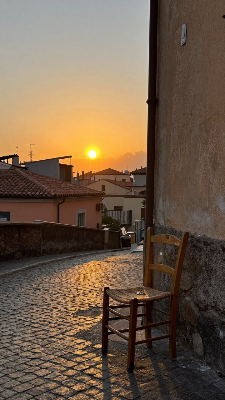 Golden Hour Street Scene in Naples Italy with Ladder Back Chair and Basil Pot in in Naples, Italy