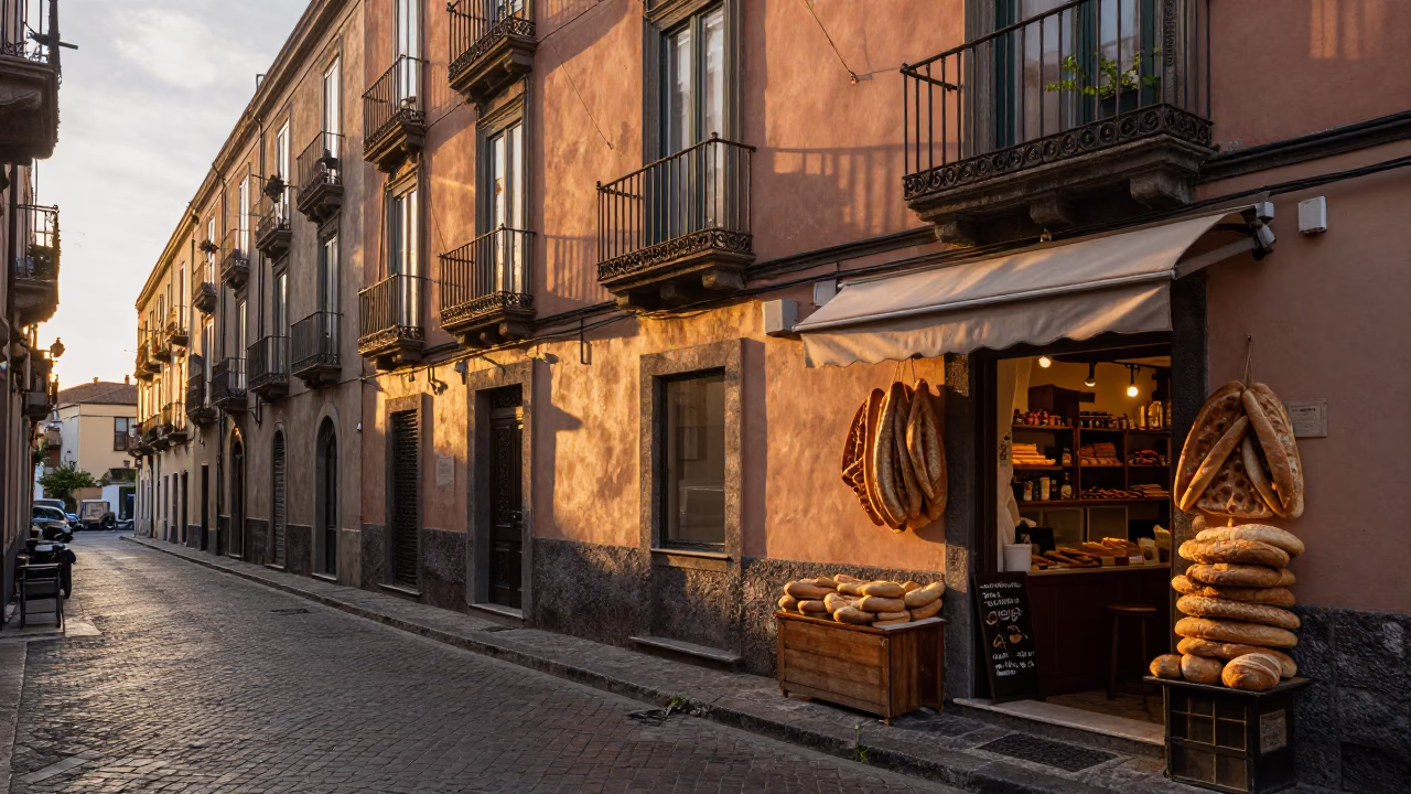 Golden Hour Street Scene in Naples Italy with Local Bakery and Traditional Bread Baker in in Naples, Italy